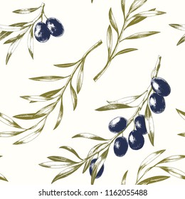 Seamless pattern with black olive branches. Elegant watercolor background.