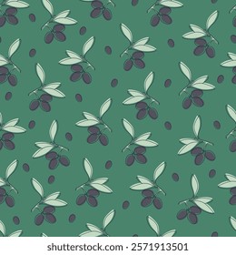 Seamless pattern with black olive branches. Natural vegetable background illustration for organic cooking