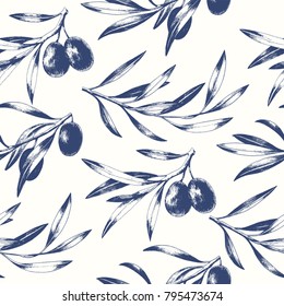Seamless pattern with black olive branches. Elegant vector background.