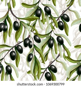 Seamless pattern with black olives branches. Vector illustration.