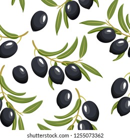 Seamless pattern with black olives and green leaves on white background. Vector illustration of food in flat style.