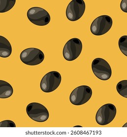 Seamless pattern of black olives isolated on orange background. Vector flat illustration. Design for textile, wallpaper, wrapping, background