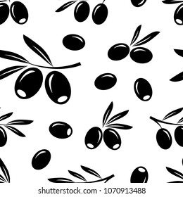 Seamless pattern with black olives on transparent background. Vector illustration