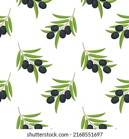 Seamless pattern with black olives on branch. Vector illustration