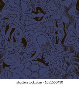 nahtloses Muster, schwarzes Muster auf blauem Hintergrund, exotische Fische, Schnecken, Schildkröte, Miduza. Für den Druck auf Textilien, Herrenabdrücke, Cover. Vektorgrafik