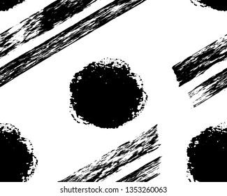 Seamless pattern. Black on white background, ink spots, stripes. Vector hand drawn brush texture. For print for clothes, notebook, cover, fabric, textile, website wrapping wallpaper backdrop