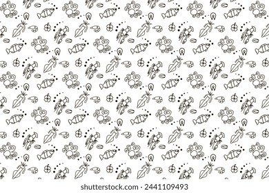 Seamless pattern. Black pattern on a white background. Food. Seafood. Fish, crayfish, squid, octopus, mussels. Background for computer screen, phone. Fabric print, texture.