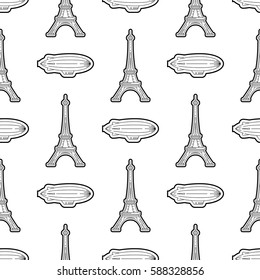 Seamless pattern black on a white background with the image of the symbol of France and Paris the Eiffel tower, in a linear fashion