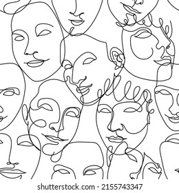 Seamless pattern with black one single line drawings of female faces. On white background.
