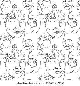 Seamless pattern with black one single line drawings of female faces. On white background.