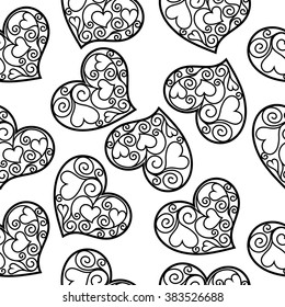 seamless pattern with black openwork hearts on a white background. vector illustration