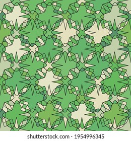 Seamless pattern. Black openwork pattern randomly filled with green and beige shades.