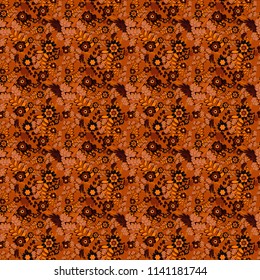 Seamless pattern with a black, orange and brown bright summer floral print, flowers, foliage. Vector illustration.