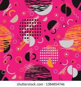 Seamless pattern of black and orange geometric shapes on a pink, magenta background with sketchy shapes. Vector design for retro party invitations, fabric and print.