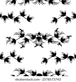 Seamless pattern of black ornamental silhouettes of decorative leaves on a white background.Vector pattern for textiles, paper, and backgrounds.