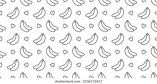 Seamless pattern with black outline bananas and hearts. Cute summer background with exotic tropical fruits for textile prints, clothes, wrapping paper, wallpaper. Vector illustration