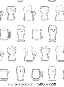 Seamless pattern with black outline beer mugs on white background. Beer day, party concept