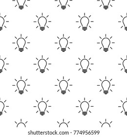 Seamless pattern with black outline bulb with rays. Vector illustration. Black and white simple background