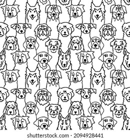 Seamless pattern with black outline doodle dogs faces. Dogs breeds vector illustration.