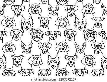 Nahtloses Muster mit schwarzen Umrissen-Hunden, die sich an der Doodle orientieren. Hundehund-Kopfskizzen auf Hintergrund. Verschiedene Welpen rassen Vektorgrafik.