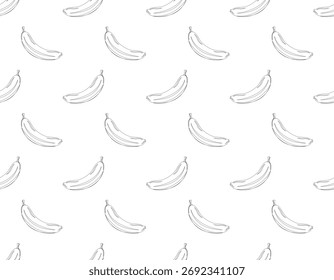  Patrón sin fisuras de dibujos de contorno negro de plátanos sobre fondo blanco.