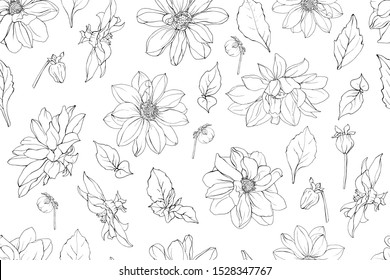 Seamless pattern with black outline flowers and leaves on white background. For textile, wallpapers,wrapping paper, print, greeting, web pages. Vector. Monochrome.