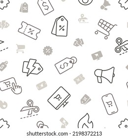 Seamless pattern of black outline black friday and cyber monday icons on transparent background