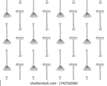 Seamless pattern of black outline garden and kailyard rakes with handles on a white background. Stylized hand drawing. Endless monochrome doodles pattern. Vector gardener tools.