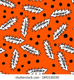 A Seamless pattern of a Black outline hand drawing vector illustration of a carved Christmas holly plant isolated on an orange background