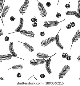 A Seamless pattern of Black outline hand drawing vector illustration of a carved Christmas fir branches with cones isolated on a white background