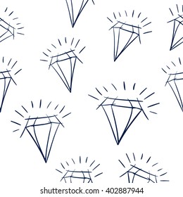 seamless pattern Black outline hand drawn vector crystal and diamond