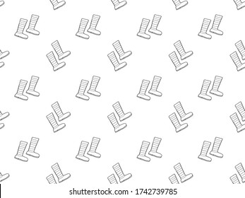 Seamless pattern of black outline hand-drawn rubber boots with wavy and straight stripes on a white background. Endless texture. Shoes for gardening, autumn, forest. Vector.