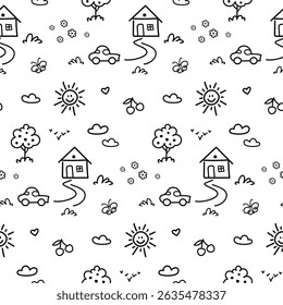 Seamless pattern with with black outline kid drawing in doodle style. Fun icons, childish drawings such as house, car, tree, cherry, sun and heart isolated on white background. - Powered by Shutterstock - Get 15% off with code: PIKWIZARD15