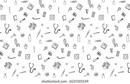 Nahtloses Muster aus schwarzen Umrissen medizinischer Ausrüstung auf weißem Hintergrund. Ideal für Gesundheitswesen, Verpackung, Textilien und digitale Nutzung