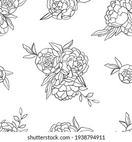 Seamless pattern with a black outline of peonies on a white background. Vector illustration for textiles and wedding design.