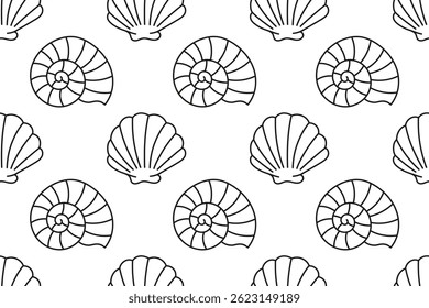 Seamless pattern with black outline seashells on a transparent background. Perfect for summer, beach, and marine-themed projects.
