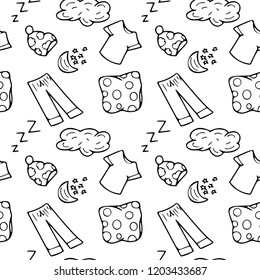 Seamless pattern of black outline set of pillows, t-shirts, pajamas, clouds, moon and stars on the white background, vector backgrounds, texture for wallpaper, wrapping, greeting card, print, line