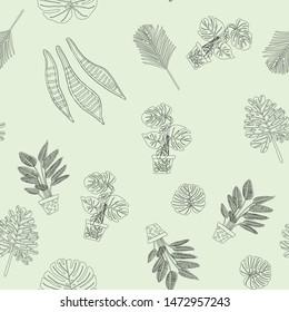 Seamless pattern with black outline tropical leaves on green background. Vector Illustration