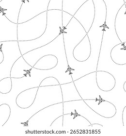 Seamless Pattern of Black Outlined Airplane Icons With Dashed Lines Representing Their Flight Paths, Transparent Background