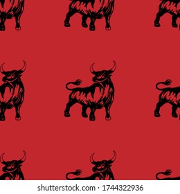 Seamless pattern of black ox on red background, Vector illustration outline cow, Zodiac Chinese Sign for Happy new year 2021,Year of ox concept for wrapping paper,textile or frabric