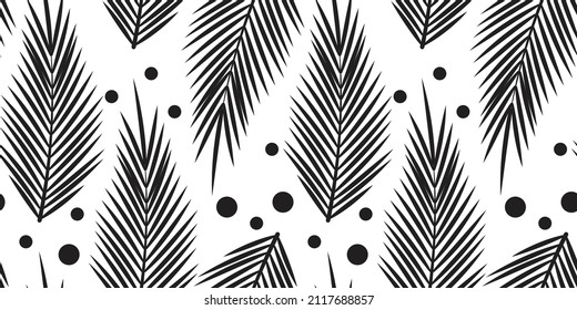 Seamless pattern with black palm leaves on white background. Leaves background with dots. For textile, wrapping paper, packaging. Vector illustration