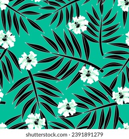 Seamless pattern with black palm leaves and white tropical flowers on green background. Minimalist print for wallpaper, fabric, leisure wear, beach textile, wrapping. African, Asian style. Vector.