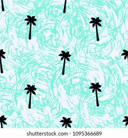 Seamless pattern with black palm trees on the abstract green background . Vector illustration