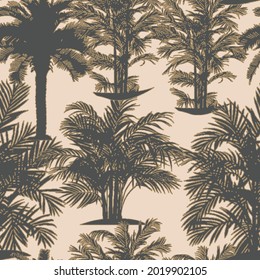Seamless pattern with black palm trees, Seamless palm tree silhouettes. Handmade tropical plants. Trendy exotic botanical background with banana palms and coconut palms. 