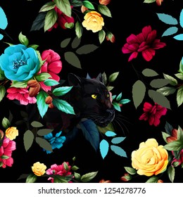 Seamless pattern of black panther with flowers and leaf around. Abstract artwork for textile, fabric and other using. Hand drawn illustration. vector - stock.