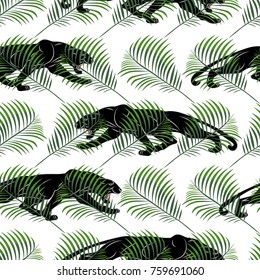 Seamless pattern with black panther and green palm leaves. Black Jaguar is put in the jungle.