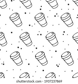 Seamless pattern. Black Paper or Plastic cups of Coffee or Tea and stars on white. Cute background for menu banner, poster, textile, collage. Simple doodle clipart. 