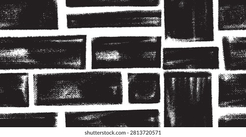 seamless pattern black pastel rectangles and squares with rough crayon texture. Abstract sketchy doodle blocks and hand drawn empty frames, playful grunge vector background layout for text.