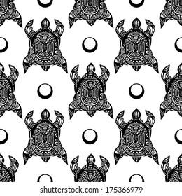 Seamless pattern black patterned turtle and circles. Vector.