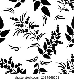 Seamless pattern black patterns of silhouettes of leaves, berries, branches on a white background. Vector pattern for textiles, paper.